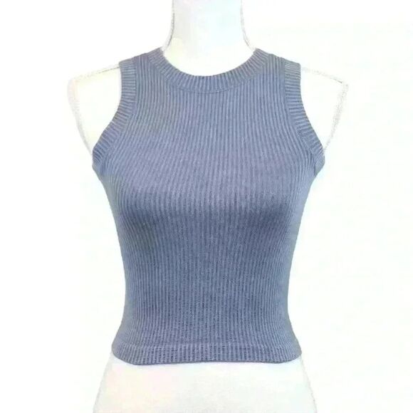 Aura Blue Sleeveless Cropped High Neck Rib Knit Stretch Tank Top Size XS - Picture 1 of 6